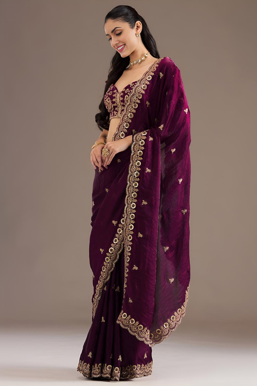 Mumtaz Wine Tissue Gold Embroidered Ready to Wear Saree