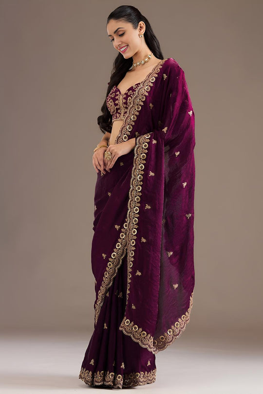 Mumtaz Wine Tissue Gold Embroidered Ready to Wear Saree