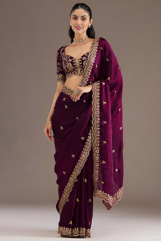 Mumtaz Wine Tissue Gold Embroidered Ready to Wear Saree