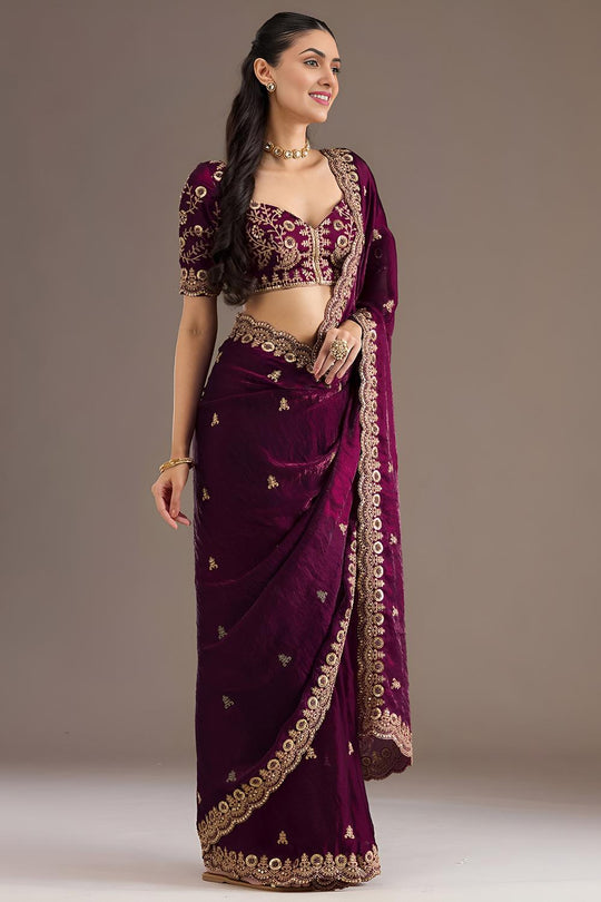 Mumtaz Wine Tissue Gold Embroidered Ready to Wear Saree