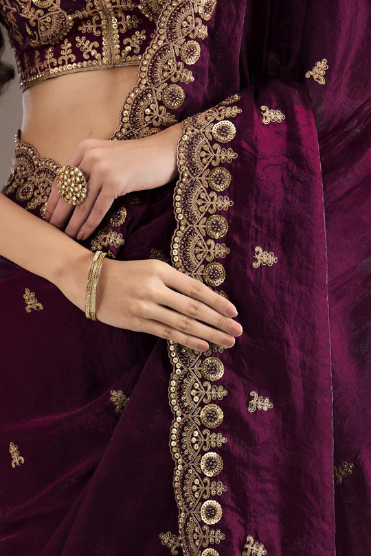 Mumtaz Wine Tissue Gold Embroidered Ready to Wear Saree