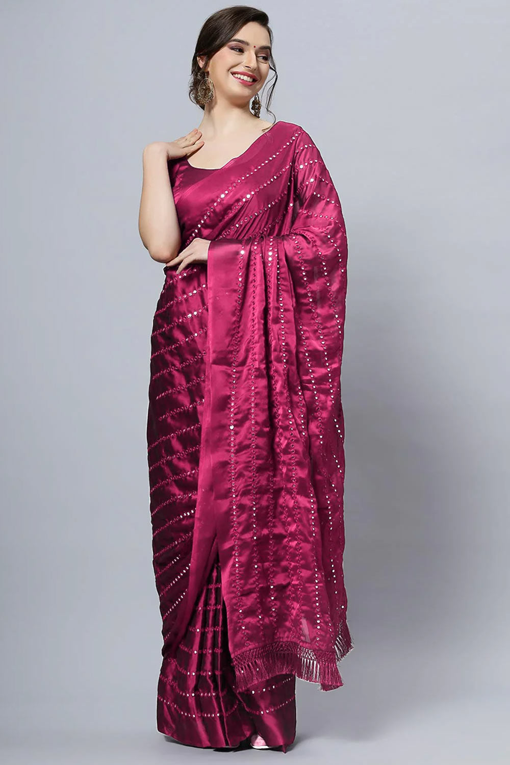 Akila Crepe Silk Wine Mirror Work Ready to Ship One Minute Saree