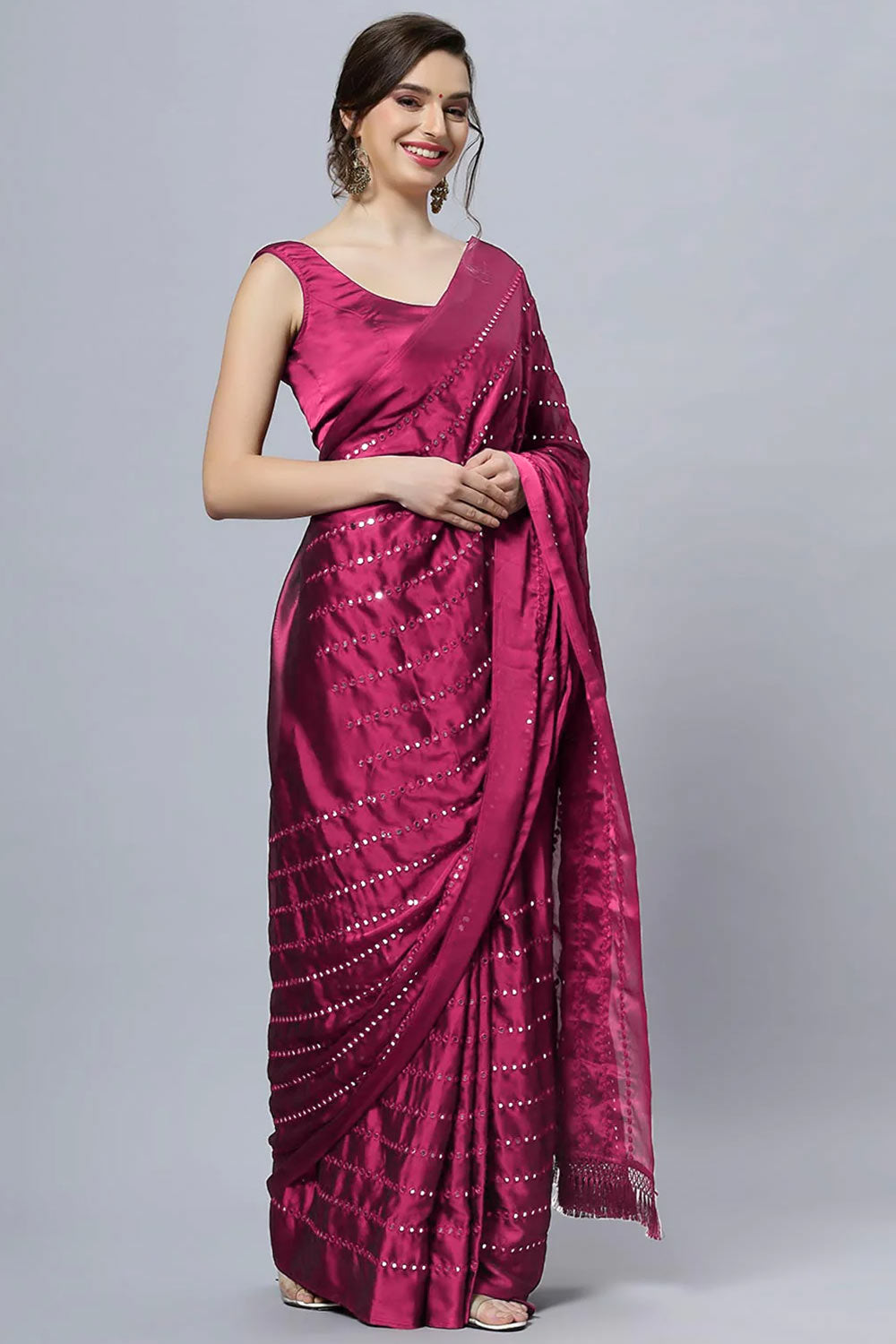 Akila Crepe Silk Wine Mirror Work Ready to Ship One Minute Saree