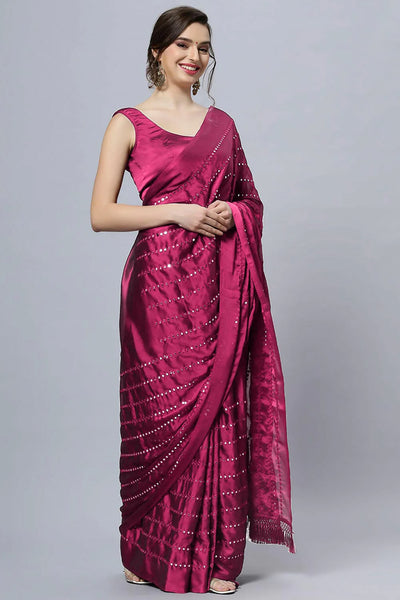 Akila Crepe Silk Wine Mirror Work Ready to Ship One Minute Saree