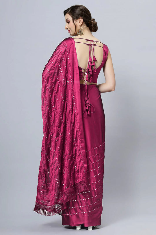 Akila Wine Silk Mirror Work Ready to Wear One Minute Saree