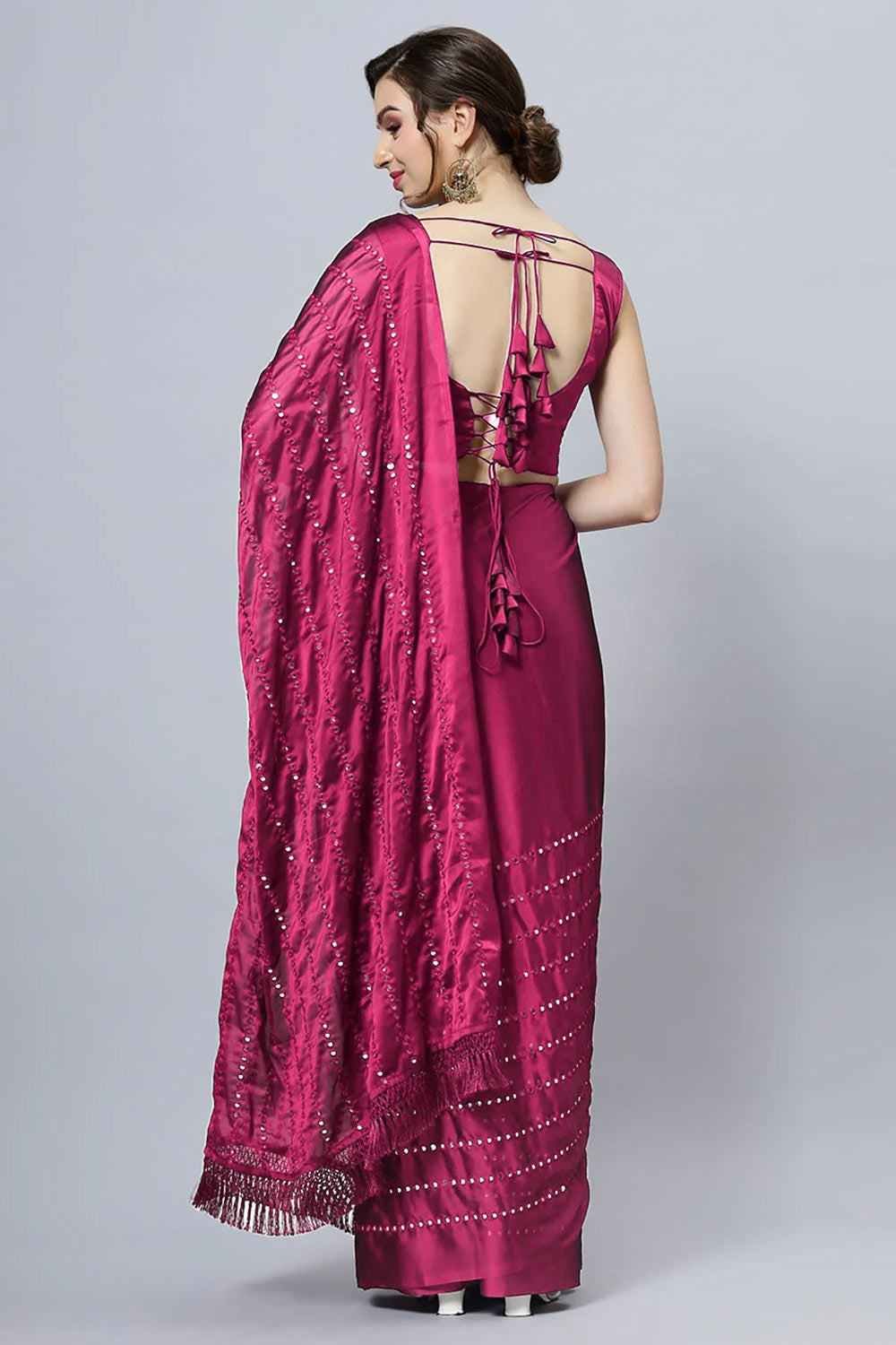 Akila Crepe Silk Wine Mirror Work Ready to Ship One Minute Saree