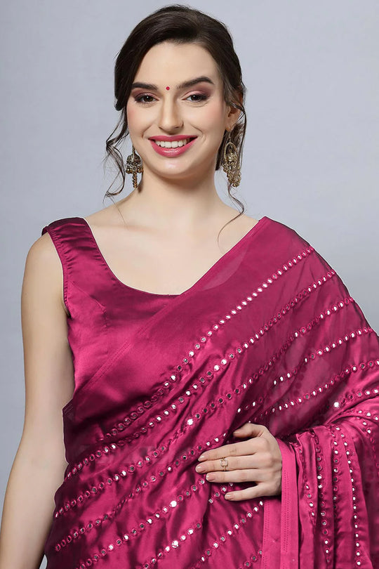 Akila Wine Silk Mirror Work Ready to Wear One Minute Saree