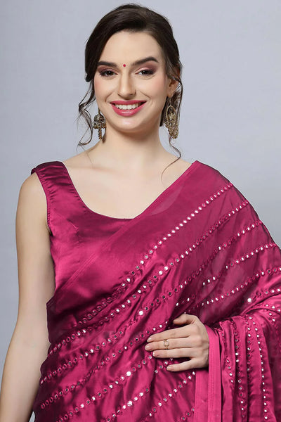 Akila Crepe Silk Wine Mirror Work Ready to Ship One Minute Saree