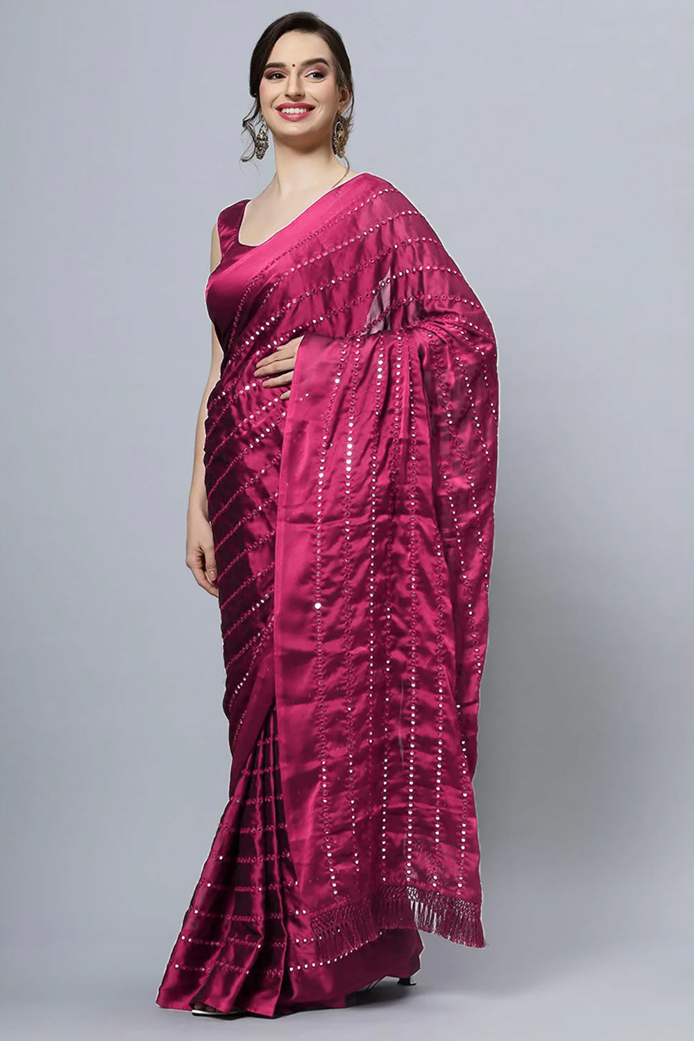 Akila Crepe Silk Wine Mirror Work Ready to Ship One Minute Saree