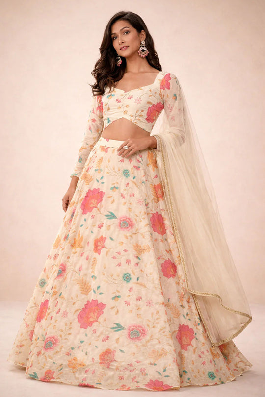 Florence Beige Floral Printed Organza Lehenga Saree