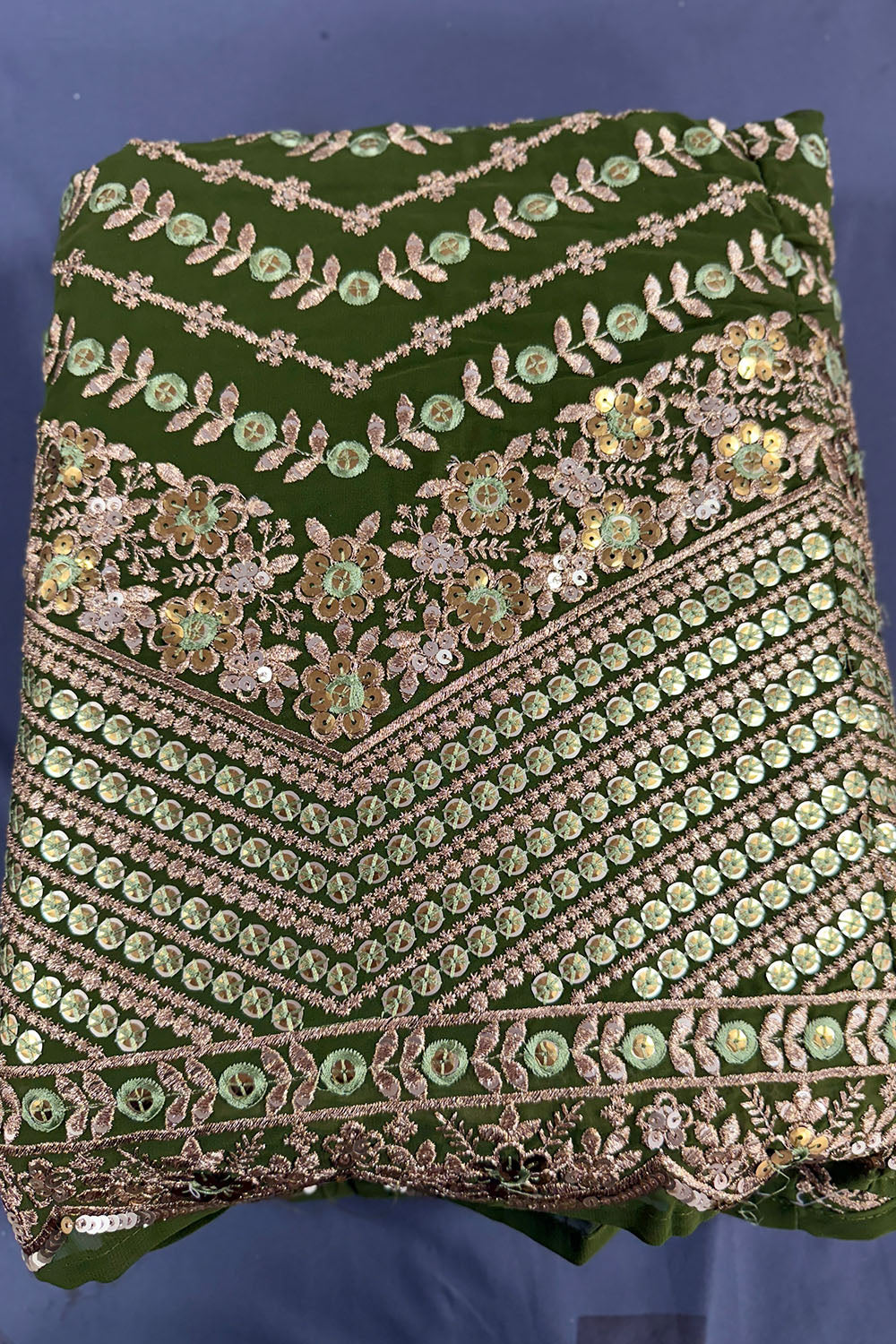 Charin Olive Green Zari Embroidered Georgette Lehenga Saree