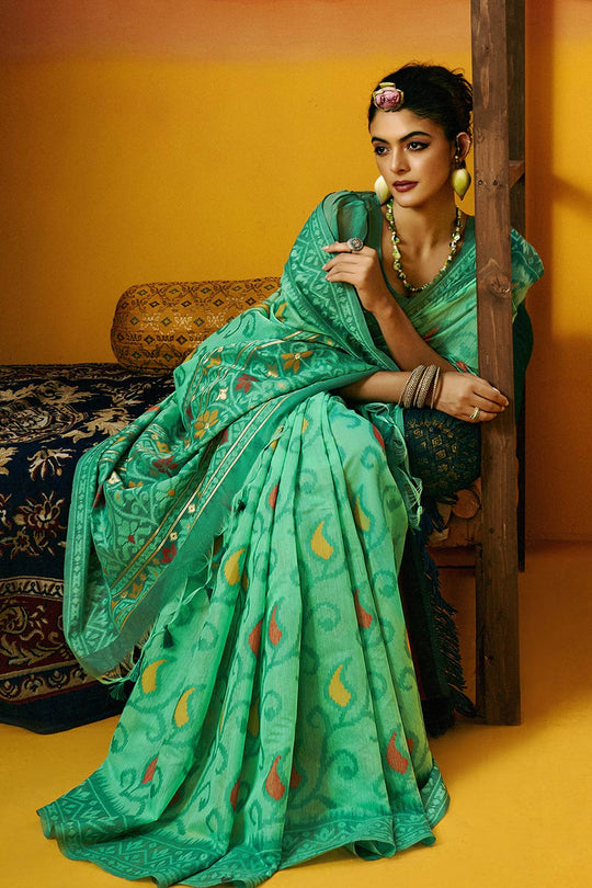 Gina Jamdani Blue Cotton Printed Ready to Wear One Minute Saree