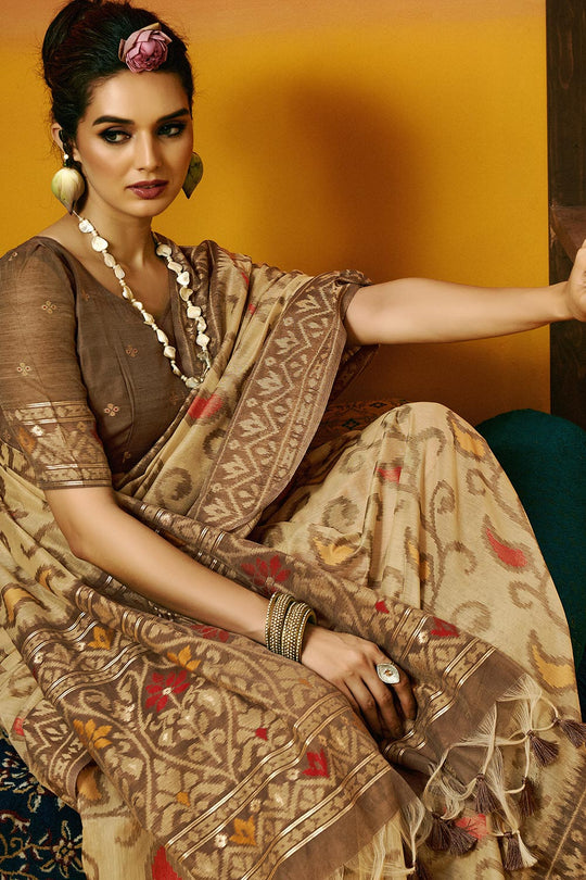 Gina Jamdani  Cream Cotton Printed Ready to Wear One Minute Saree