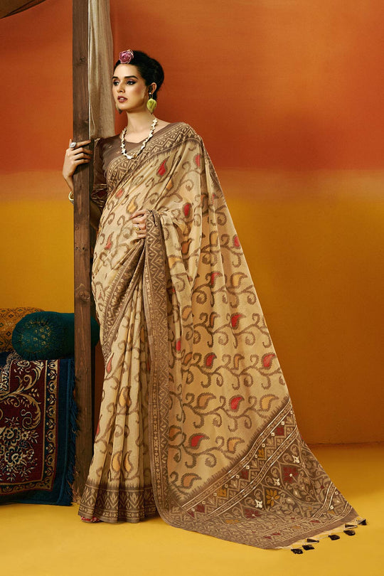 Gina Jamdani  Cream Cotton Printed Ready to Wear One Minute Saree