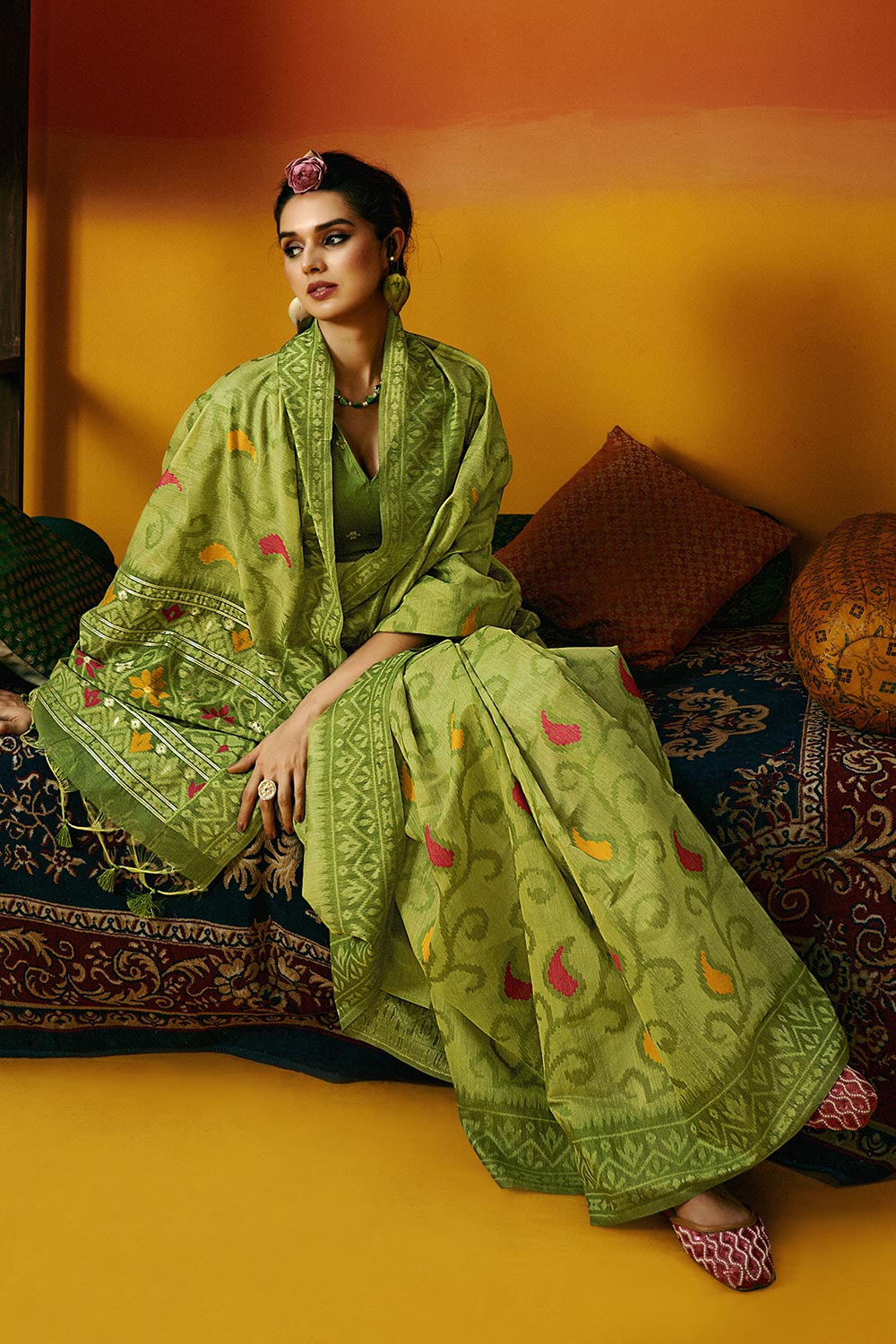Gina Jamdani Green Cotton Printed Ready to Wear One Minute Saree
