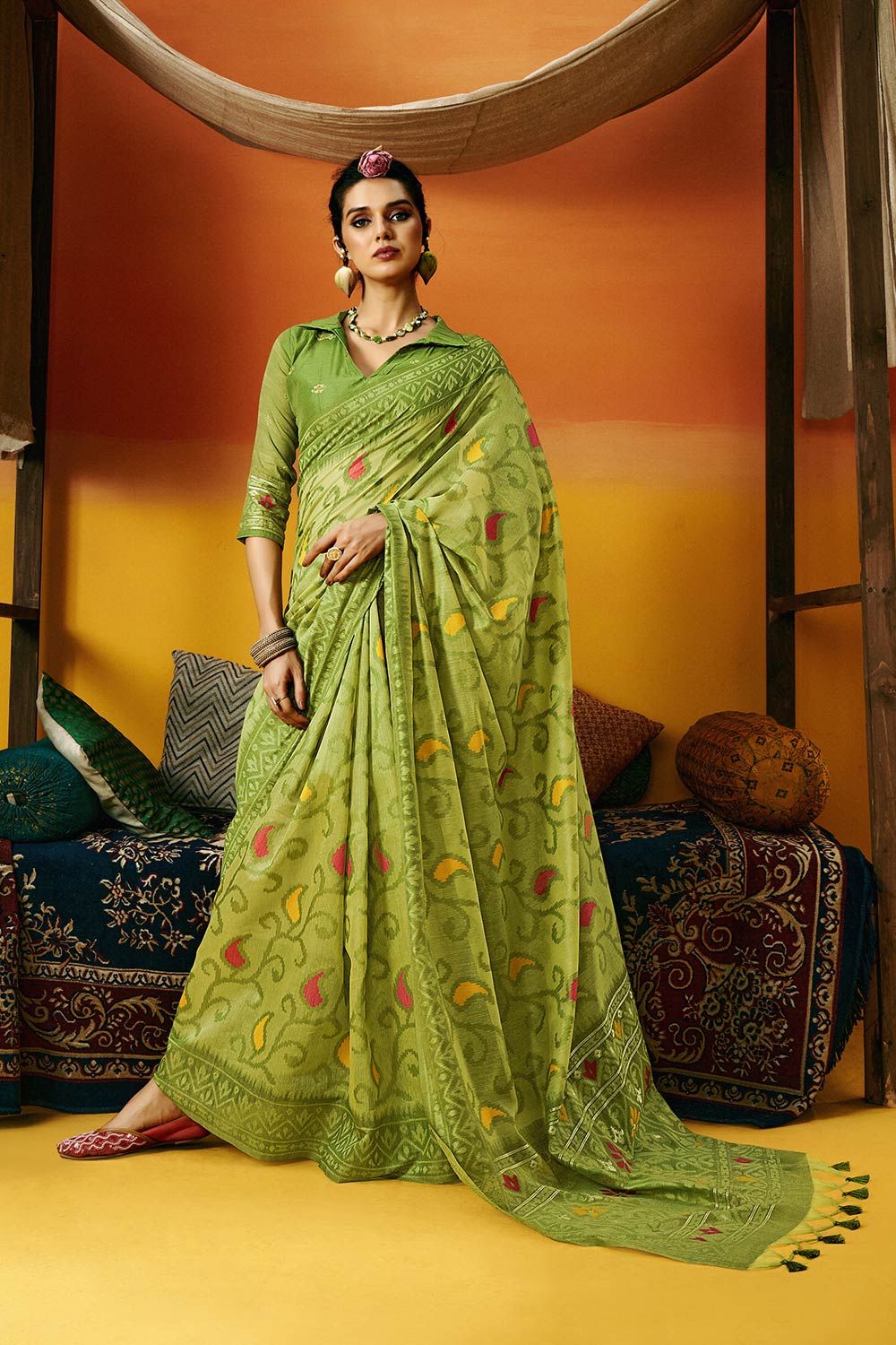 Gina Jamdani Green Cotton Printed Ready to Wear One Minute Saree