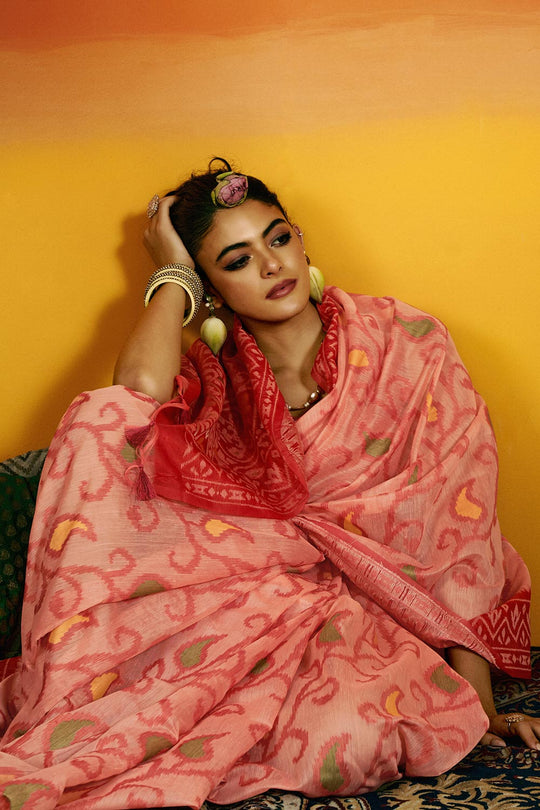 Gina Jamdani Pink Cotton Printed Ready to Wear One Minute Saree