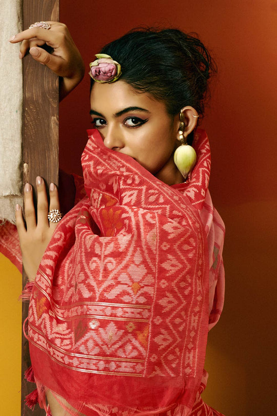 Gina Jamdani Pink Cotton Printed Ready to Wear One Minute Saree