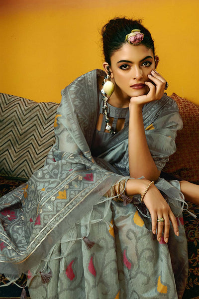 Gina Jamdani Grey Cotton Printed Ready to Wear One Minute Saree