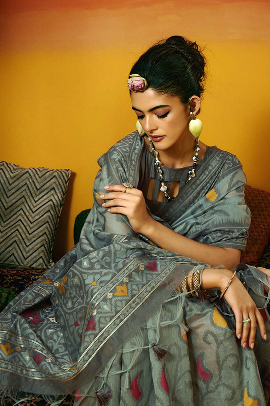 Gina Jamdani Grey Cotton Printed Ready to Wear One Minute Saree