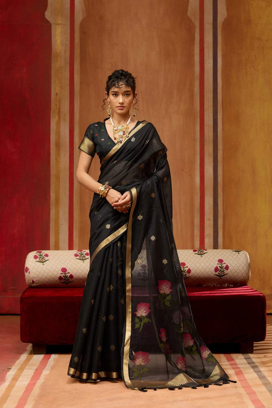 Rosa Black Munga Cotton Saree with Organza Weaving Pallu Ready to Wear Saree