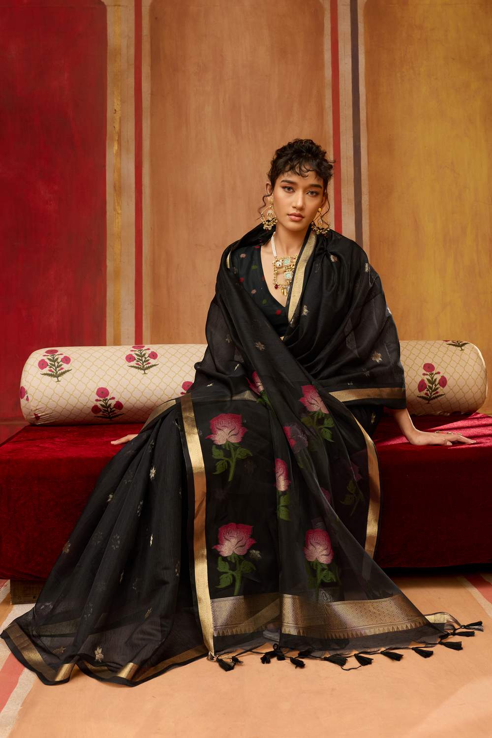 Rosa Black Munga Cotton Saree with Organza Weaving Pallu Ready to Wear Saree