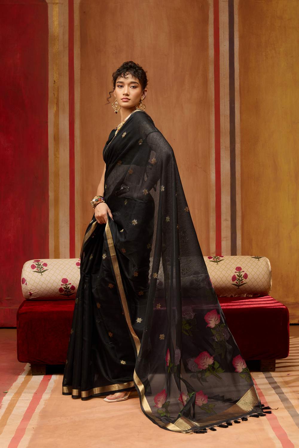 Rosa Black Munga Cotton Saree with Organza Weaving Pallu Ready to Wear Saree
