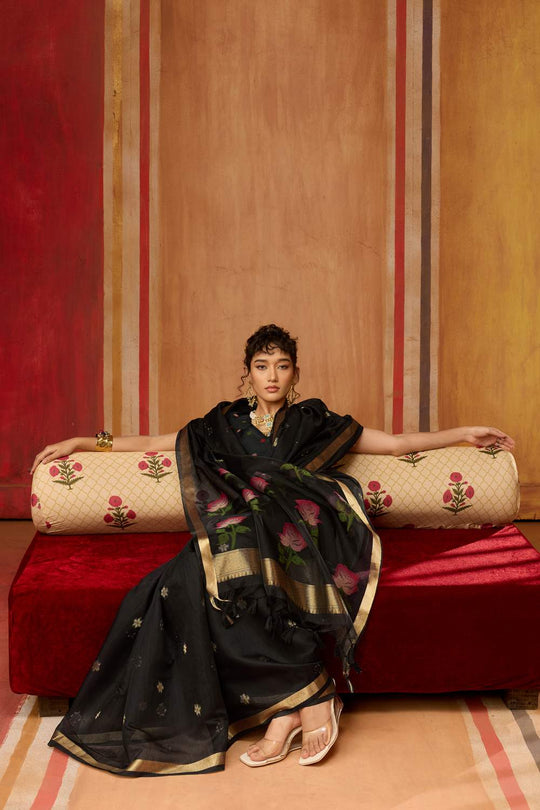 Rosa Black Munga Cotton Saree with Organza Weaving Pallu Ready to Wear Saree