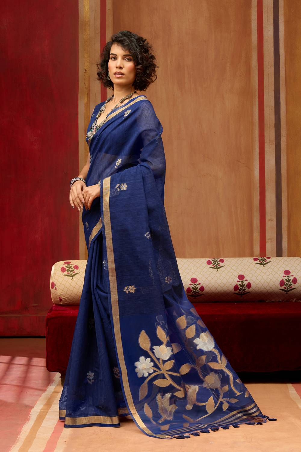 Divya Royal Blue Munga Silk Saree with Organza Weaving Pallu Ready to Wear Saree