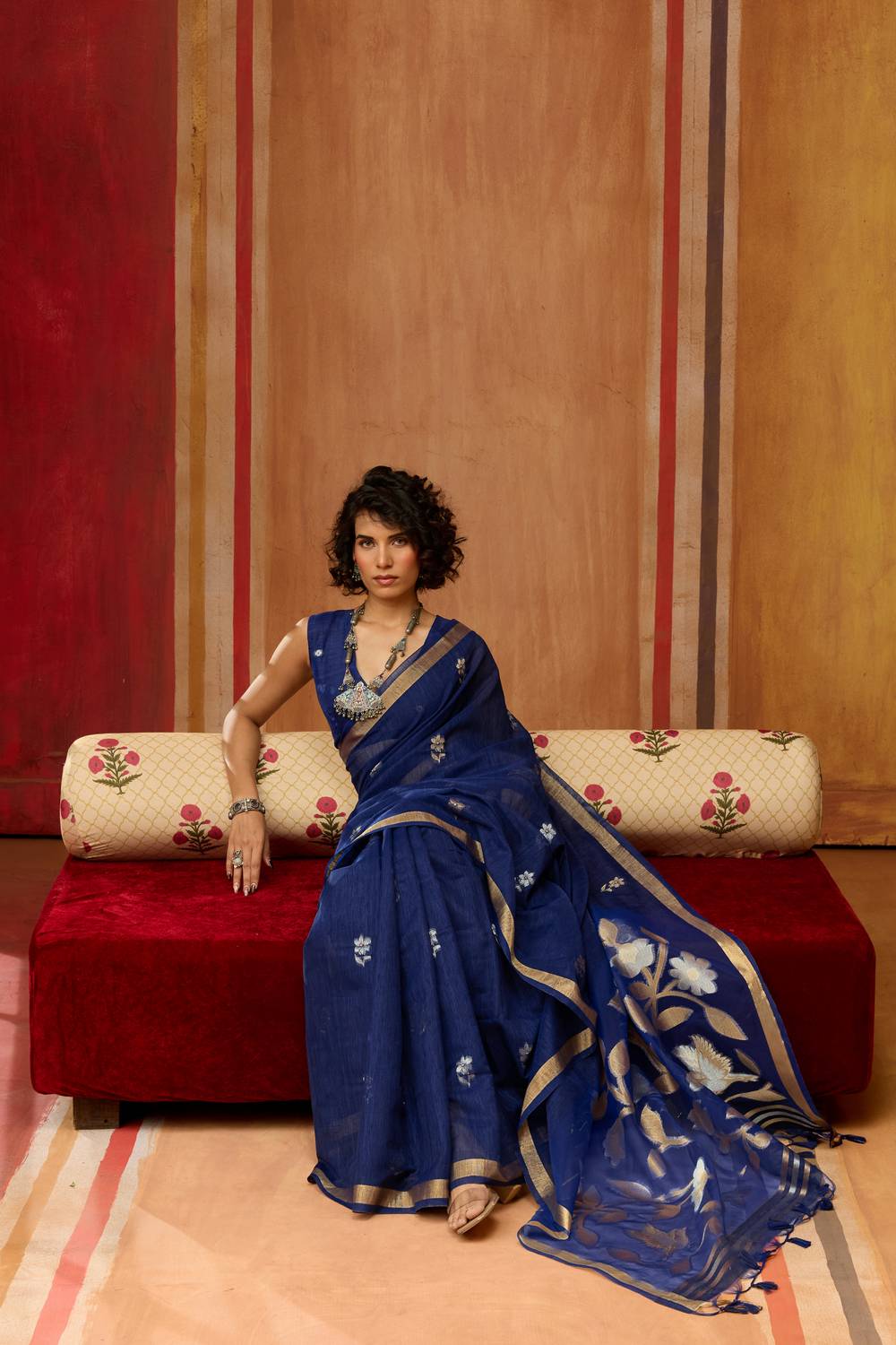 Divya Royal Blue Munga Silk Saree with Organza Weaving Pallu Ready to Wear Saree