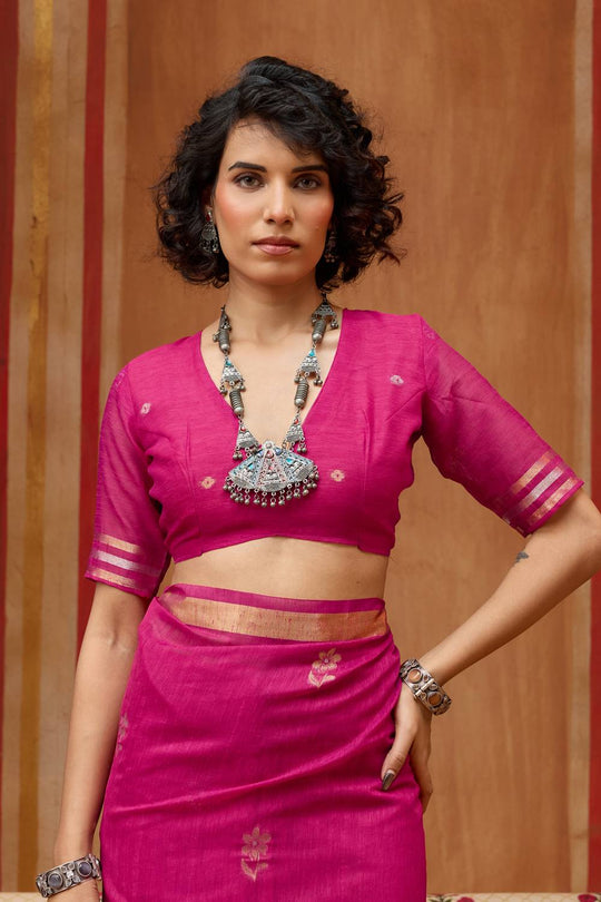 Divya Fuchsia Pink Munga Silk Saree with Organza Weaving Pallu Ready to Wear Saree