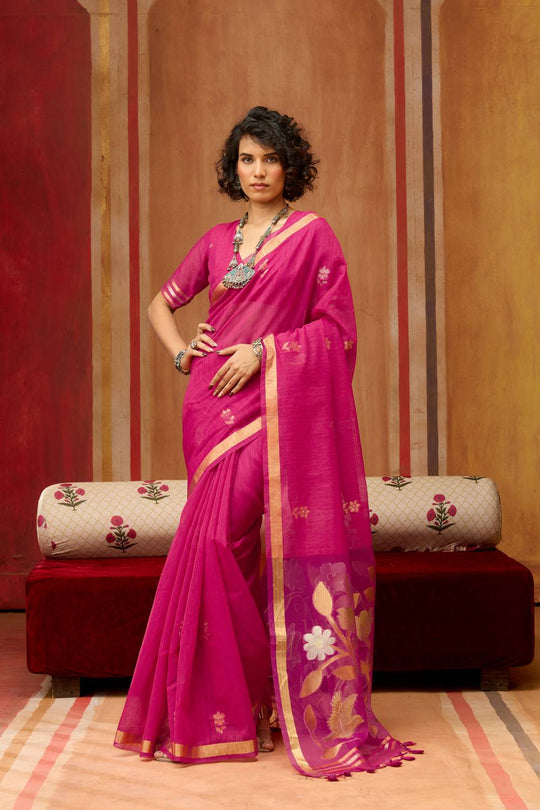 Divya Fuchsia Pink Munga Silk Saree with Organza Weaving Pallu Ready to Wear Saree