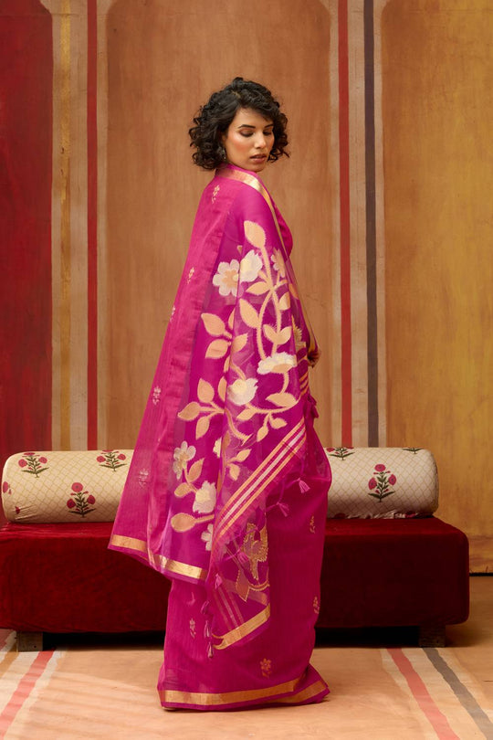Divya Fuchsia Pink Munga Silk Saree with Organza Weaving Pallu Ready to Wear Saree