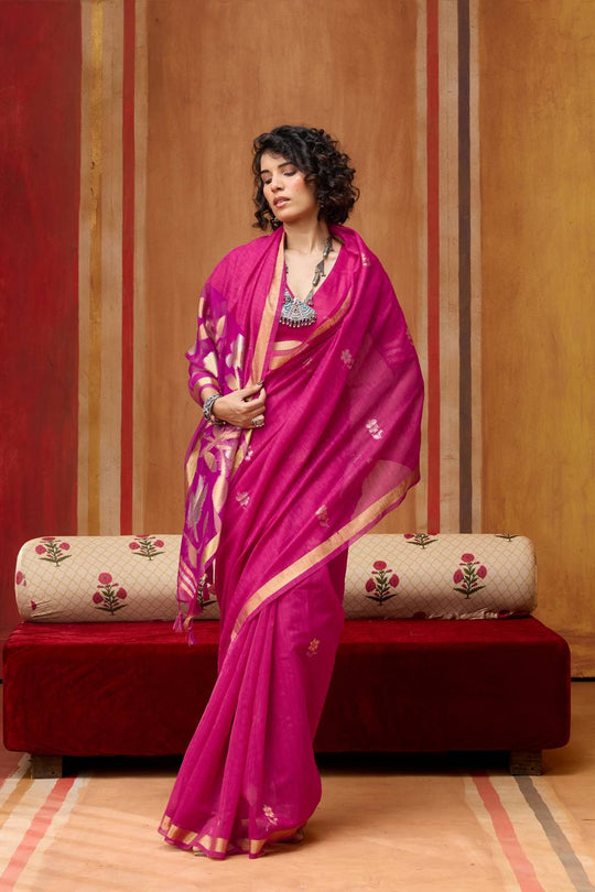 Divya Fuchsia Pink Munga Silk Saree with Organza Weaving Pallu Ready to Wear Saree