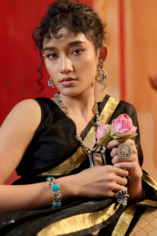 Divya Black Munga Silk Saree with Organza Weaving Pallu Ready to Wear Saree