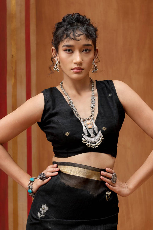 Divya Black Munga Silk Saree with Organza Weaving Pallu Ready to Wear Saree