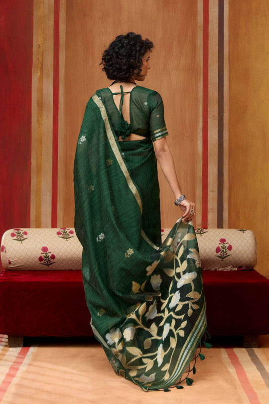 Divya Bottle Green Munga Silk Saree with Organza Weaving Pallu Ready to Wear Saree