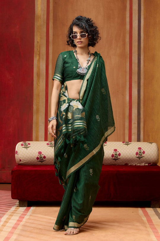 Divya Bottle Green Munga Silk Saree with Organza Weaving Pallu Ready to Wear Saree
