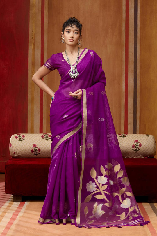 Divya Purple Munga Silk Saree with Organza Weaving Pallu Ready to Wear Saree