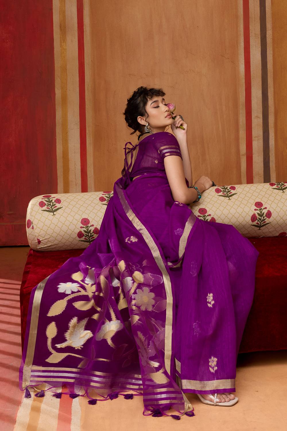 Divya Purple Munga Silk Saree with Organza Weaving Pallu Ready to Wear Saree