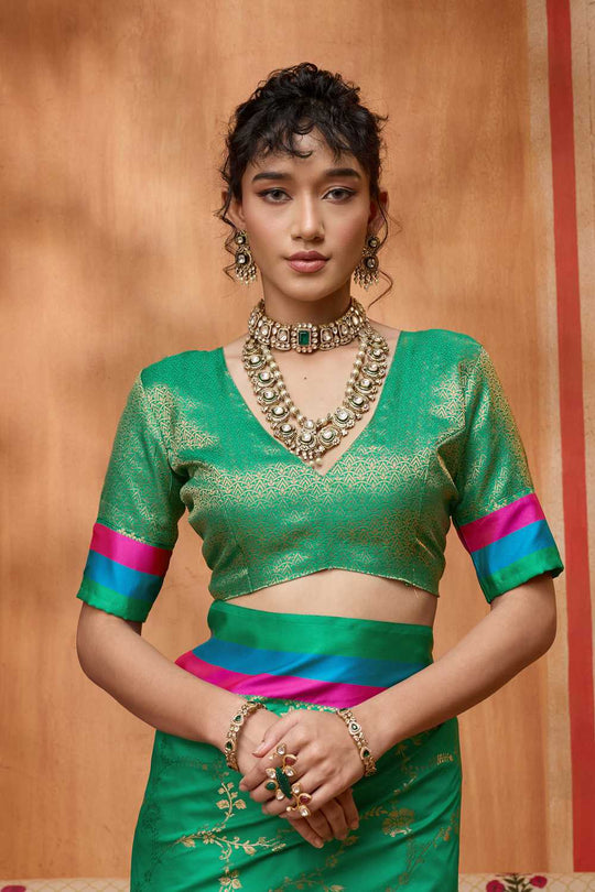 Soraya Sea Green Soft Silk Satin Saree with Handloom Woven Design Ready to Wear One Minute Saree