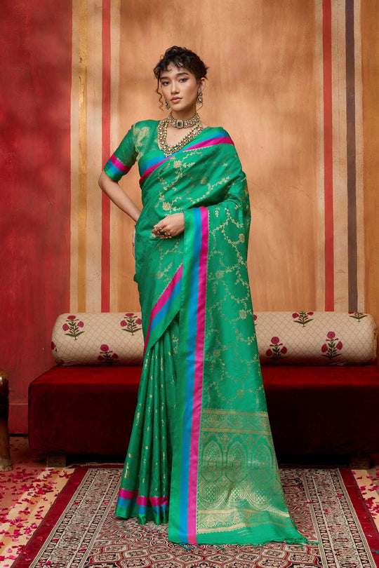 Soraya Sea Green Soft Silk Satin Saree with Handloom Woven Design Ready to Wear One Minute Saree