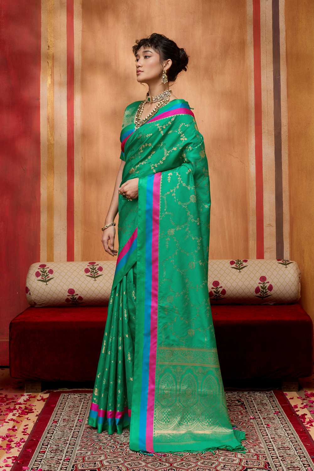 Soraya Sea Green Soft Silk Satin Saree with Handloom Woven Design Ready to Wear One Minute Saree