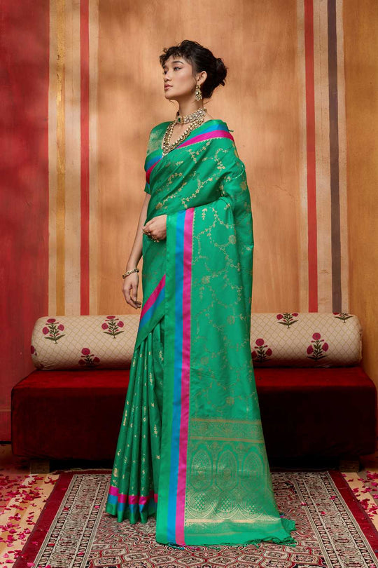 Soraya Sea Green Soft Silk Satin Saree with Handloom Woven Design Ready to Wear One Minute Saree