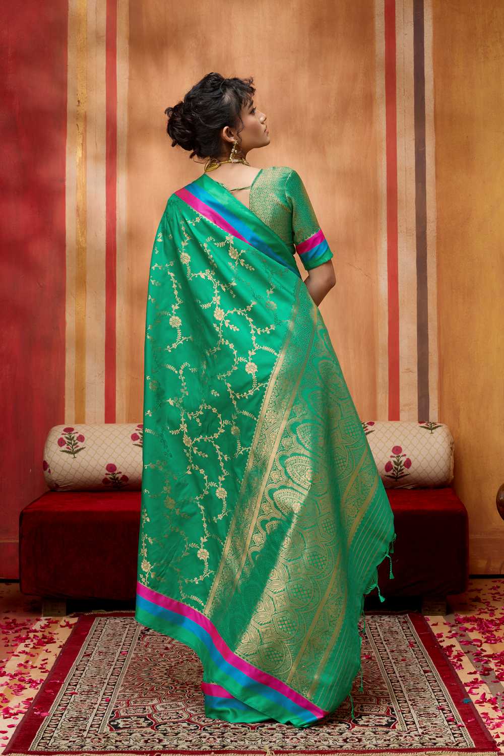 Soraya Sea Green Soft Silk Satin Saree with Handloom Woven Design Ready to Wear One Minute Saree