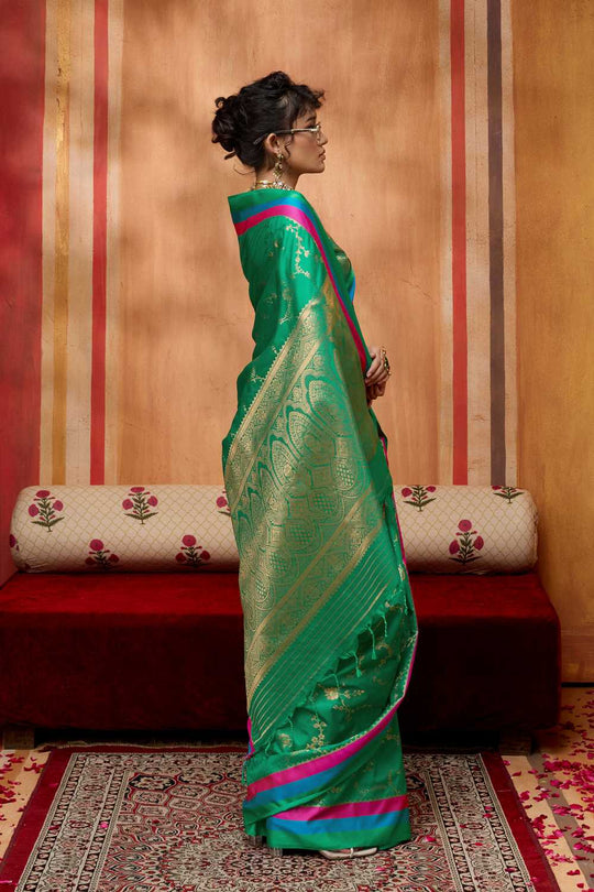 Soraya Sea Green Soft Silk Satin Saree with Handloom Woven Design Ready to Wear One Minute Saree