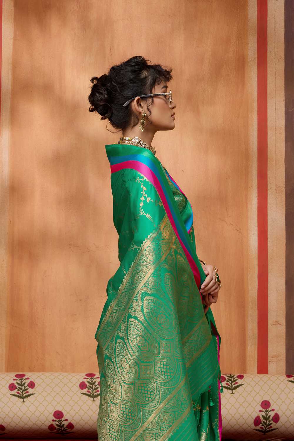 Soraya Sea Green Soft Silk Satin Saree with Handloom Woven Design Ready to Wear One Minute Saree