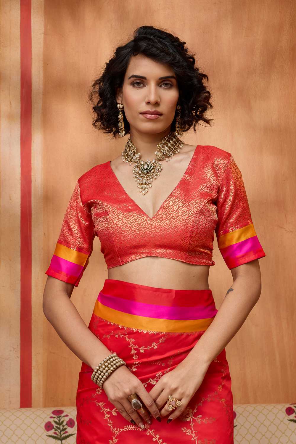 Soraya Red Soft Silk Satin Saree with Handloom Woven Design Ready to Wear One Minute Saree