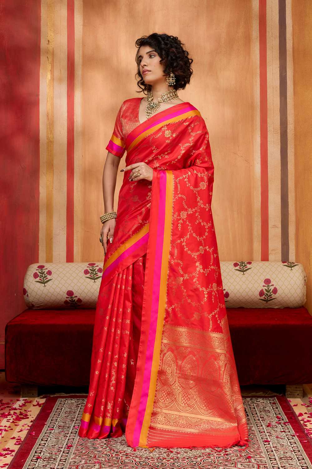 Soraya Red Soft Silk Satin Saree with Handloom Woven Design Ready to Wear One Minute Saree