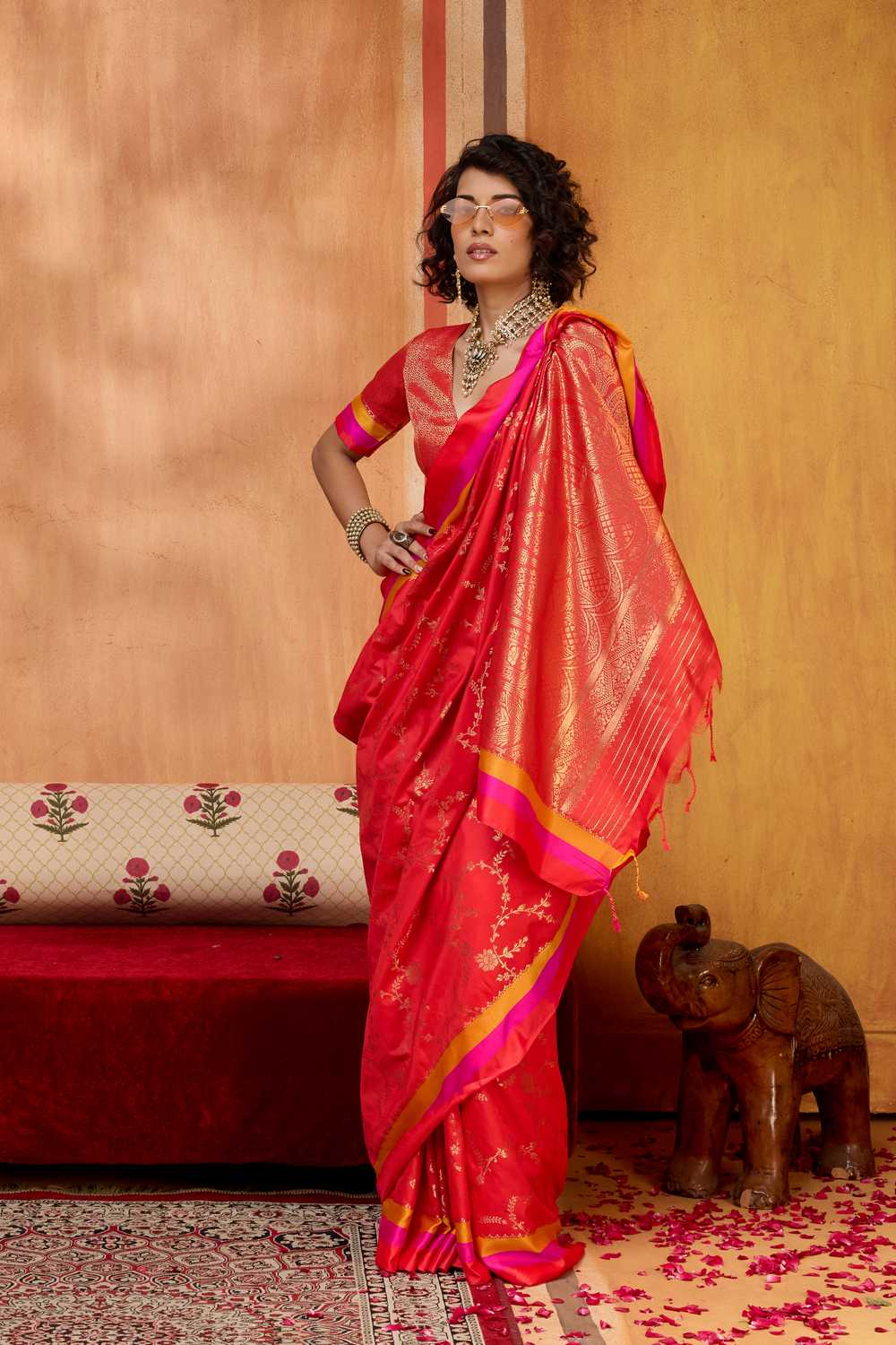 Soraya Red Soft Silk Satin Saree with Handloom Woven Design Ready to Wear One Minute Saree